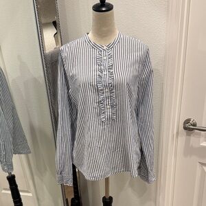 J. Crew Blue and White Striped Ruffle-Placket Long Sleeve Blouse